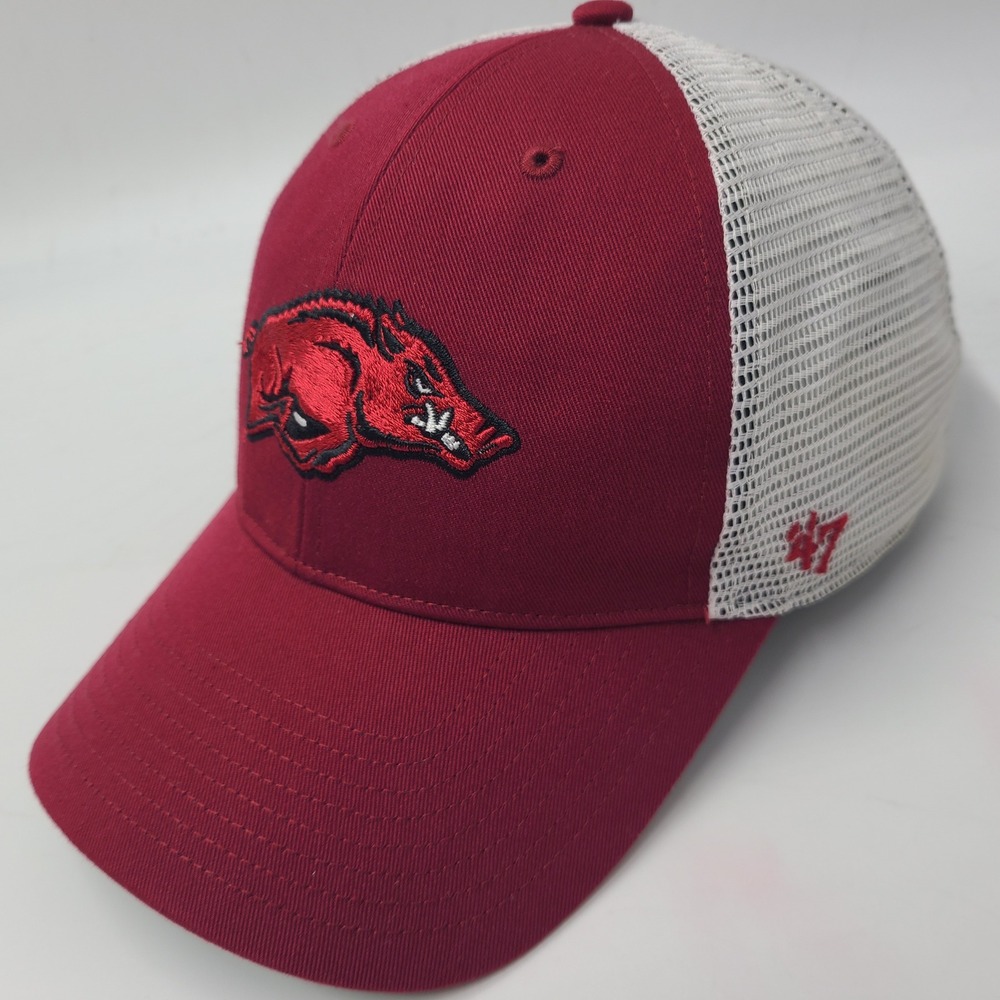 Arkansas Razorbacks Hat Snapback Trucker Mesh 47 Brand Red White NCAA Logo Men